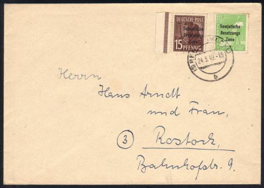 Mecklenborg-Vorpommern Stempel: Fernbrief SBZ 185, 187 SR, RHENA b, 24.3.49 - Rostock