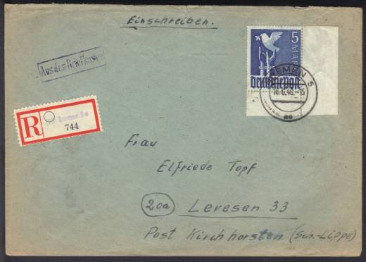 962b P EUR Orts-Einschreiben Aus dem Briefkasten BREMEN, Währungsreform West, Befund Schlegel BPP!!!