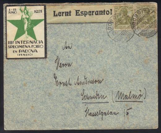 DR Nr. 147 MeF auf Esperanto-Auslandsbrief Dobritz - Malmö (Schweden) 10.10.21 !!!