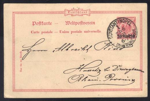 DR Deutsche Post Türkei GS P1 Krone/Adler 20 Para, Constantinopel - Hunstig 23.6.1891