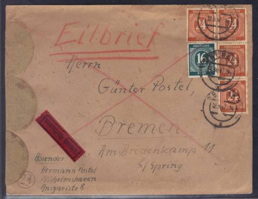 Orts-Eilbotenbrief 2. GS mit Nr. 923 + 925, Bremen 12.05.47