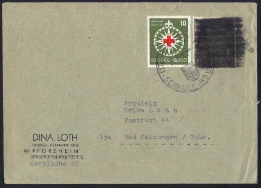 Postkriegsbeleg BRD Nr. 165 Schwärzung, Pforzheim - Bad Salzungen 13.05.53