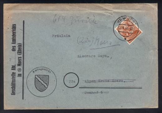 Retourenbeleg 05.4.48 Amtsgericht Moers - Alpen (Kreis Moers) !!