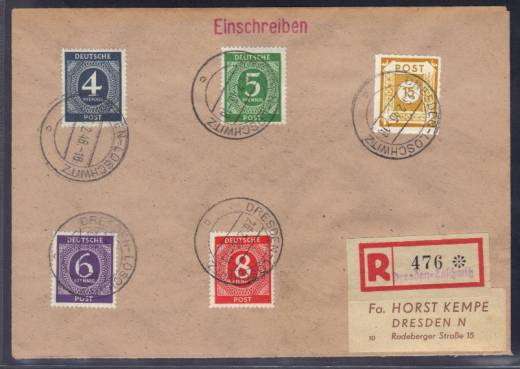 Frühverwendung Nr. 914, 915, 916 + 917 mit SBZ Nr. 47G auf Einschreibe-Ortsbrief Dresden 26.02.46!