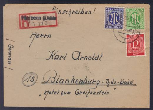 Frühverwendung Nr. 919 auf Einschreibebrief Herborn - Blankenburg 16.2.46