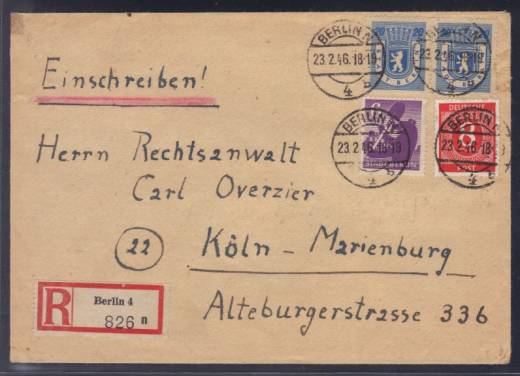 Frühverwendung Nr. 917 auf Einschreibe-Fernbrief Berlin - Köln 23.02.46 !