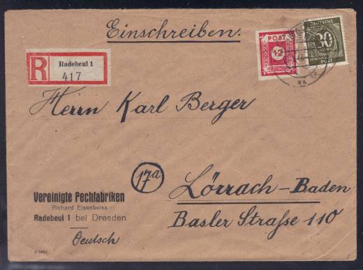 Frühverwendung Nr. 928 Einschreibe-Fernbrief Radebeul - Lörrach 26.02.46