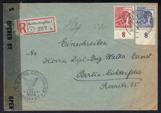 FDC Nr. 956 + 957 auf Einschreibe-Zensurbrief BERLIN 01.03.47