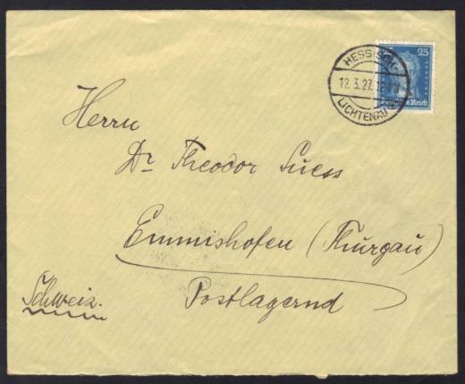 DR Nr. 393 EF Auslandsbrief postlagernd HESSISCH-LICHTENAU - Schweiz 12.3.27