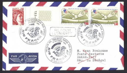 Luftpost-Retoer-Brief 1984 Toulouse - Dakar mit Airbus