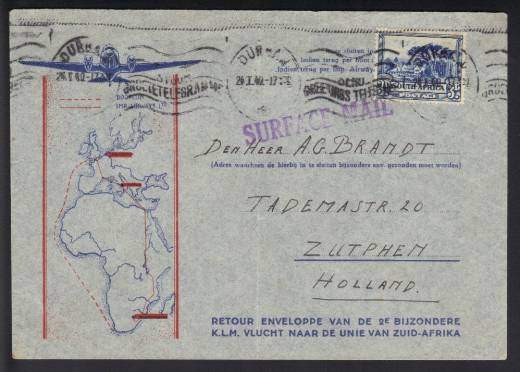 Luftpost-Retour-Brief Durban 1940 vom Sonderflug Amsterdam - Neapel - Johannesburg per Schiff!!!RRR