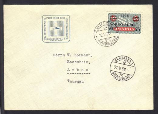 Luftpostbrief Schweiz Sonderflug PRO AERO 1938, FDC Nr. 325