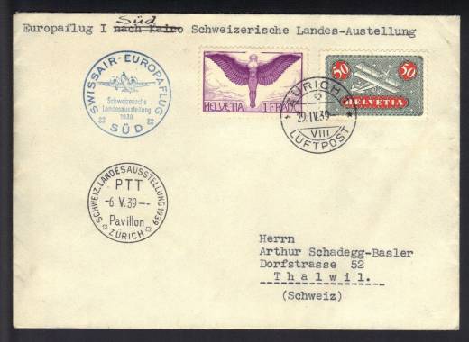 Luftpostbrief Schweiz Landesausstellung 1939 Swissair-Europaflug Süd