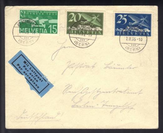 Luftpostbrief Schweiz Nr. 180z, 213x + 256 Beatenberg - Berlin1935 !RRR