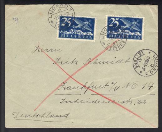 Luftpostausgabe Schweiz MeF Nr. 180z Lugano - Frankfurt 1933 !RRR