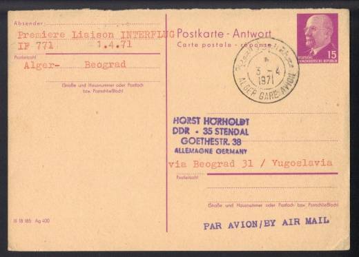 Luftpost-Karte DDR 1971 GS P 78 A Algier via Belgrad - Stendal, Erstflug IF 771!!!RRR