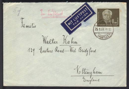 Luftpost-Brief 1951 DDR EF Nr. 253 Plauen - Nottingham (England)