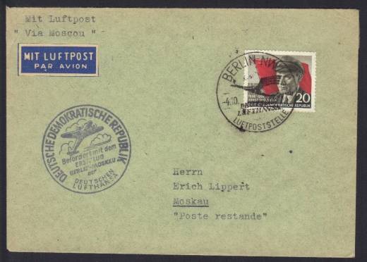 Luftpost DDR 1956 EF Nr. 520 als DS Erstflug Berlin -  Moskau!