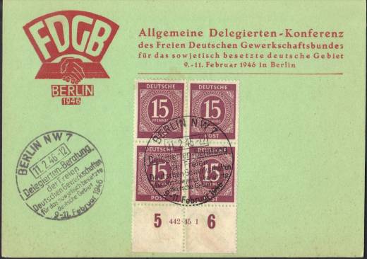 921a HAN 442,45-1 4er-Block Vollstempel BERLIN 11.2.46 auf FDGB-Karte