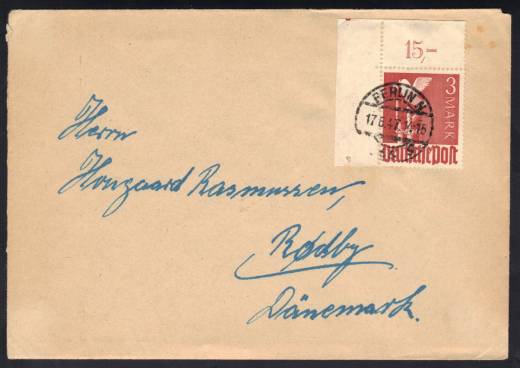 961 Pl.-Nr. 2 EOL a. Auslandsbrief BERLIN - Dänemark 17.6.47!!!RRR