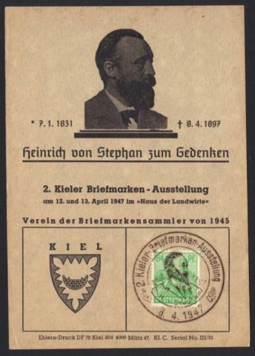 958b EM auf Gedenkblatt  Heinrich von Stephan Kiel 1947 !