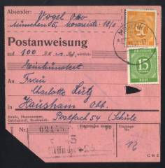 Inlands-Postanweisung 3. Portostufe MÜNCHEN 18.10.47! !!!RRR