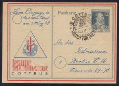 GS P965 + ZD, Cottbus, Institut f. Philatelie, Einzug 1948 Typ 1